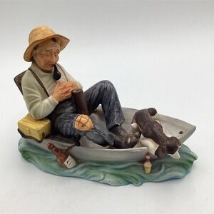 Vintage Ceramic Sleeping‎ Fisherman with Dog Figurine Nautical Decor